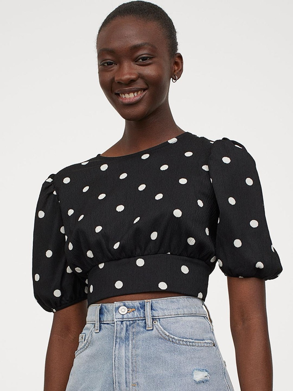 Divided Polka Dot Puff-Sleeve Crop Top